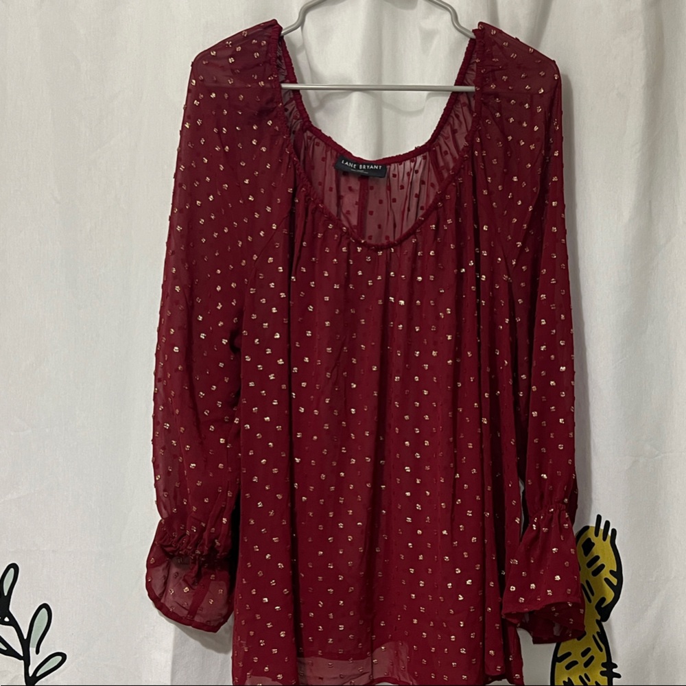 Lane Bryant Red and Gold Embellished Long Sleeve Blouse